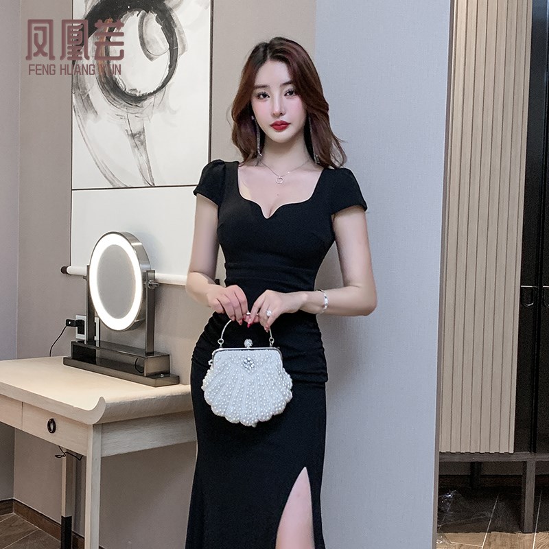 现货速发气质性感高开叉夜场桑拿SPA技师工衣长裙V夜总会佳丽晚礼