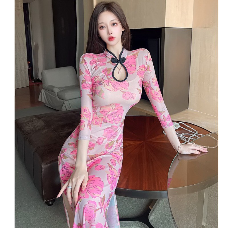 速发七分袖长款旗袍舞蹈新2024服衣气质少年轻款开叉连款裙子