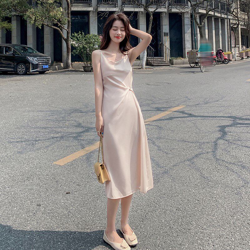 速发黑色醋酸缎面吊带连衣裙夏法式设计感小众外穿高丝级长背心质