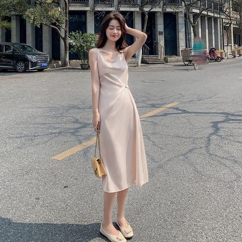速发黑色醋酸缎面吊带连衣裙夏法式设计感小众外穿高丝级长背心质