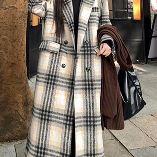 速发厚古格子大呢外套秋冬大尺码韩系高级感双面加复过膝长版毛衣