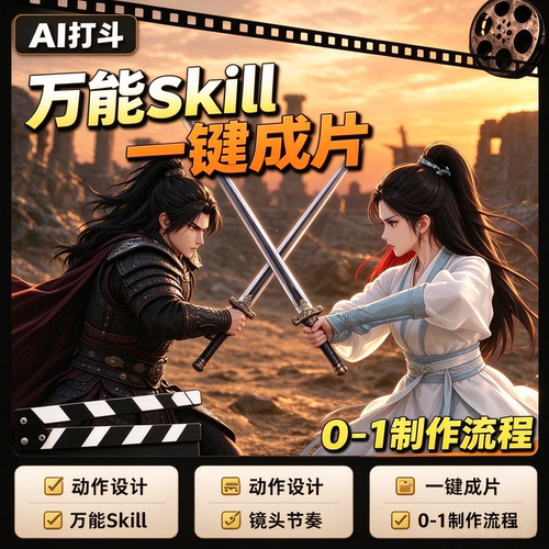 AI打斗画面Skill教程动作设计镜头节奏0-1短视频一键成片素材