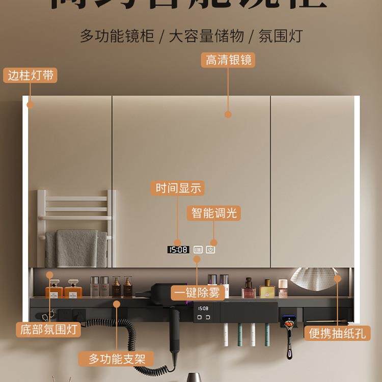 智能浴镜室柜单独挂墙式带灯子间防雾卫生镜电吹584风机架收纳一