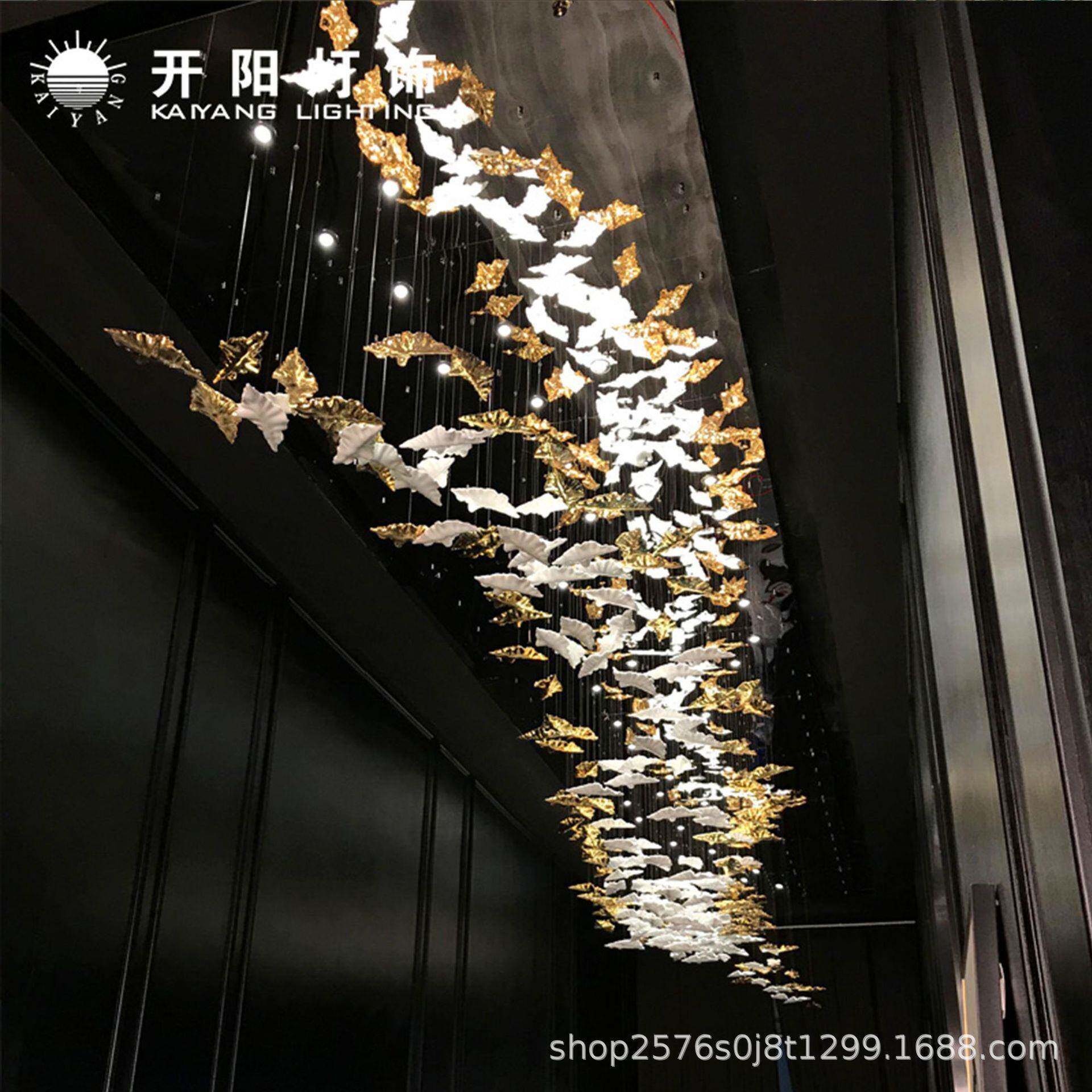 酒店大厅沙盘楼梯鱼叶灯树叶石头琉璃NMB玻璃小石挂件吊鸟灯具枫