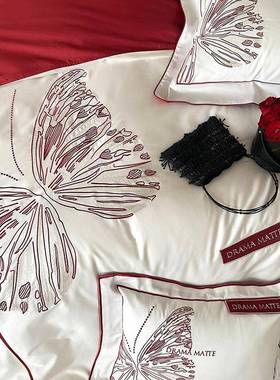 色绒棉婚16617庆全棉长四件套蝴蝶红刺绣结婚纯棉被套床婚嫁床上