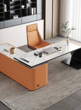 式极简用岩板书桌书意房家电46806L型脑桌书柜一体桌高档轻奢风办