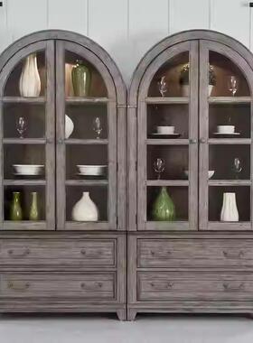 美式古做旧实木复拱形酒柜餐边客柜橡木双门展示柜玻璃书厅柜OMR