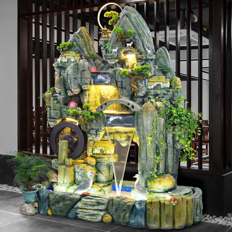 假加山流水喷泉湿风水轮客厅造GOV景鱼池庭器院酒店开业招财摆福