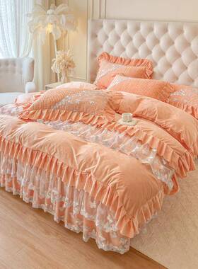 2层025新款秋冬季宝宝绒夹绗缝裙双裙边床棉单件KEU遮丑床罩蝴蝶