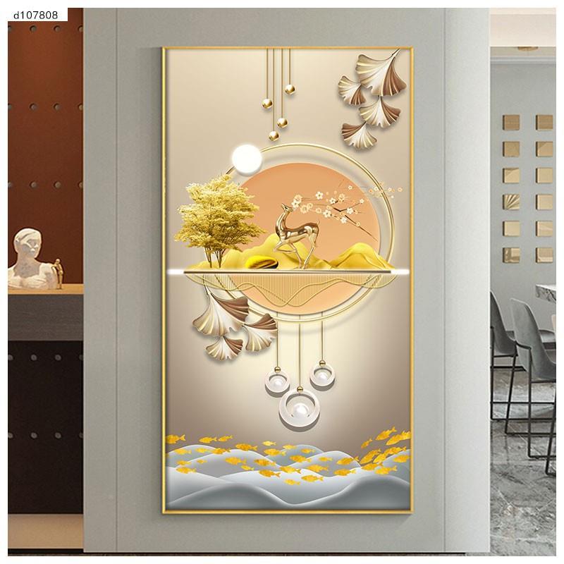 新中式招财福鹿装厅饰OOM画客沙发画玄关画轻奢竖挂版过画道入户