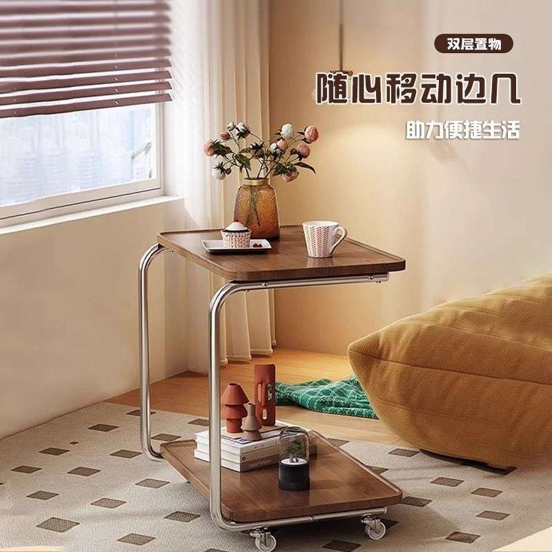 简约风双色边桌茶几金属烤漆设计E0级环保带滚轮移动精致卧室书房