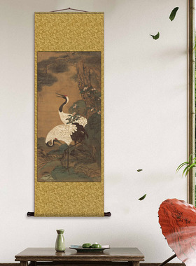 松鹤延年挂画卷轴字画丝绸壁画松鹤延年图玄关贺寿高清卷轴挂画