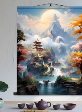 仙家堂口山水画 人物画玄关走廊背景墙丝绸卷轴画佛堂供奉挂画