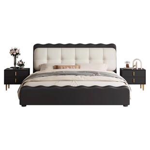 法式复古黑色泡芙床主卧婚房真皮床现代简约涟漪床网红软包双人床
