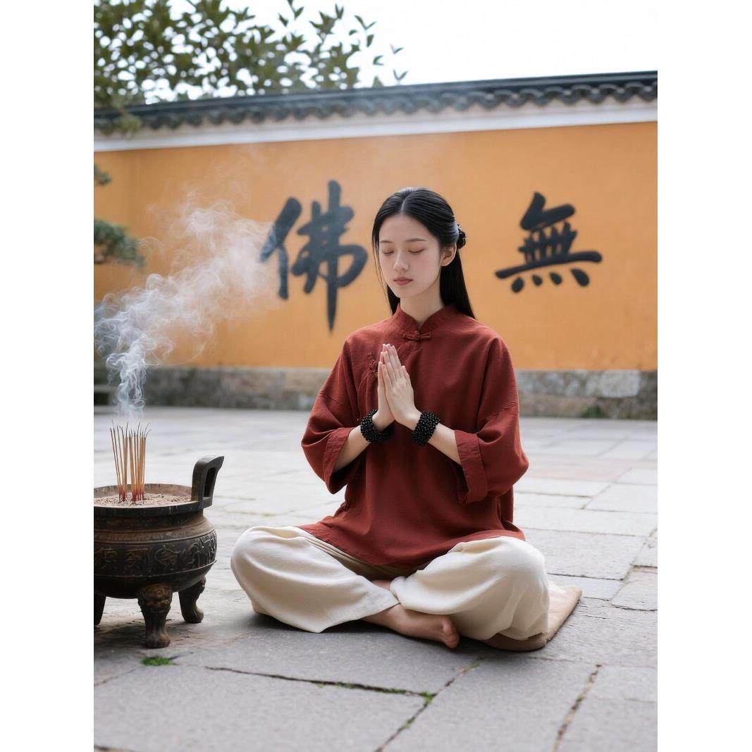 居士打坐禅修服女套装道服佛系禅意亚麻素衣寺庙拜佛太极禅服套装