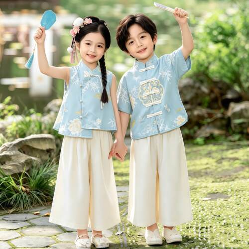 儿童汉服唐装古风古装新中式夏季男童端午节幼儿园小学生演出服