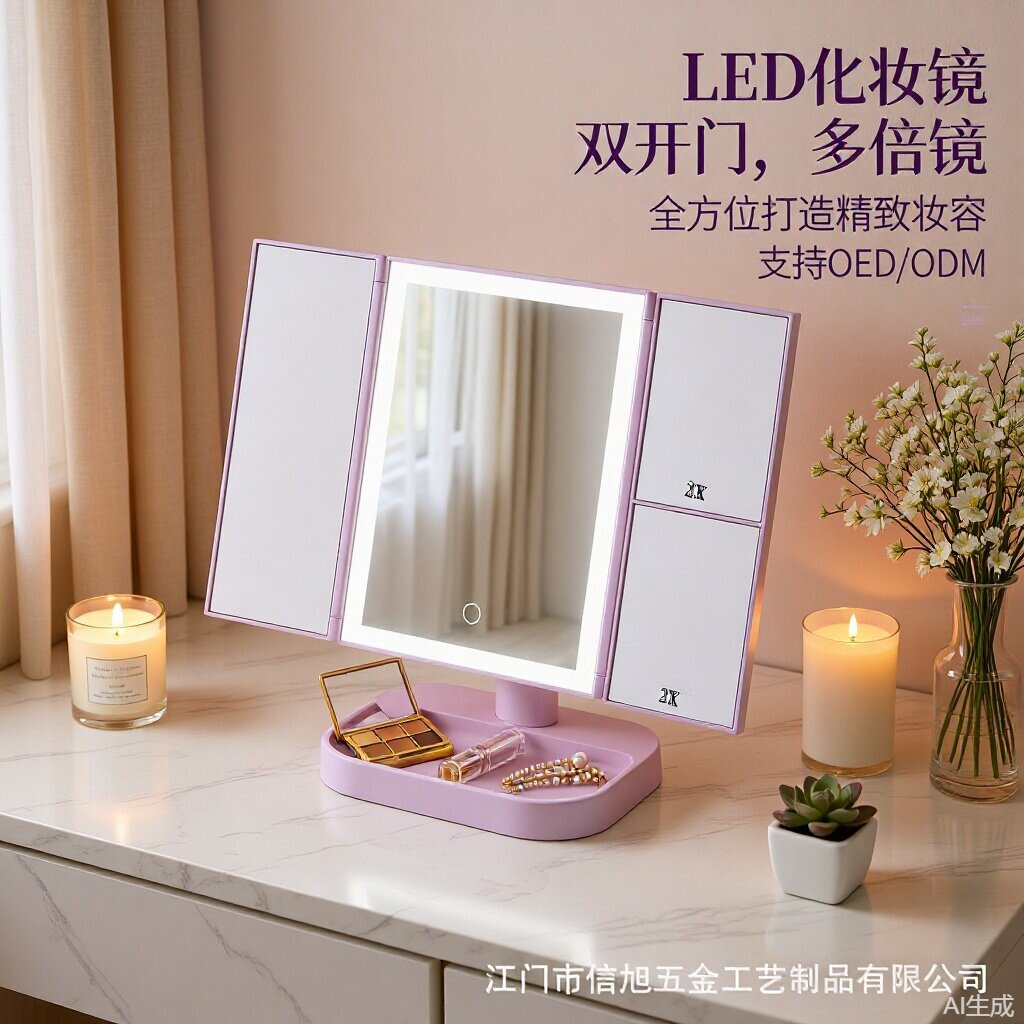 跨境爆款紫色三面带灯台式镜子Led化妆镜1倍2倍3倍梳妆台美妆镜