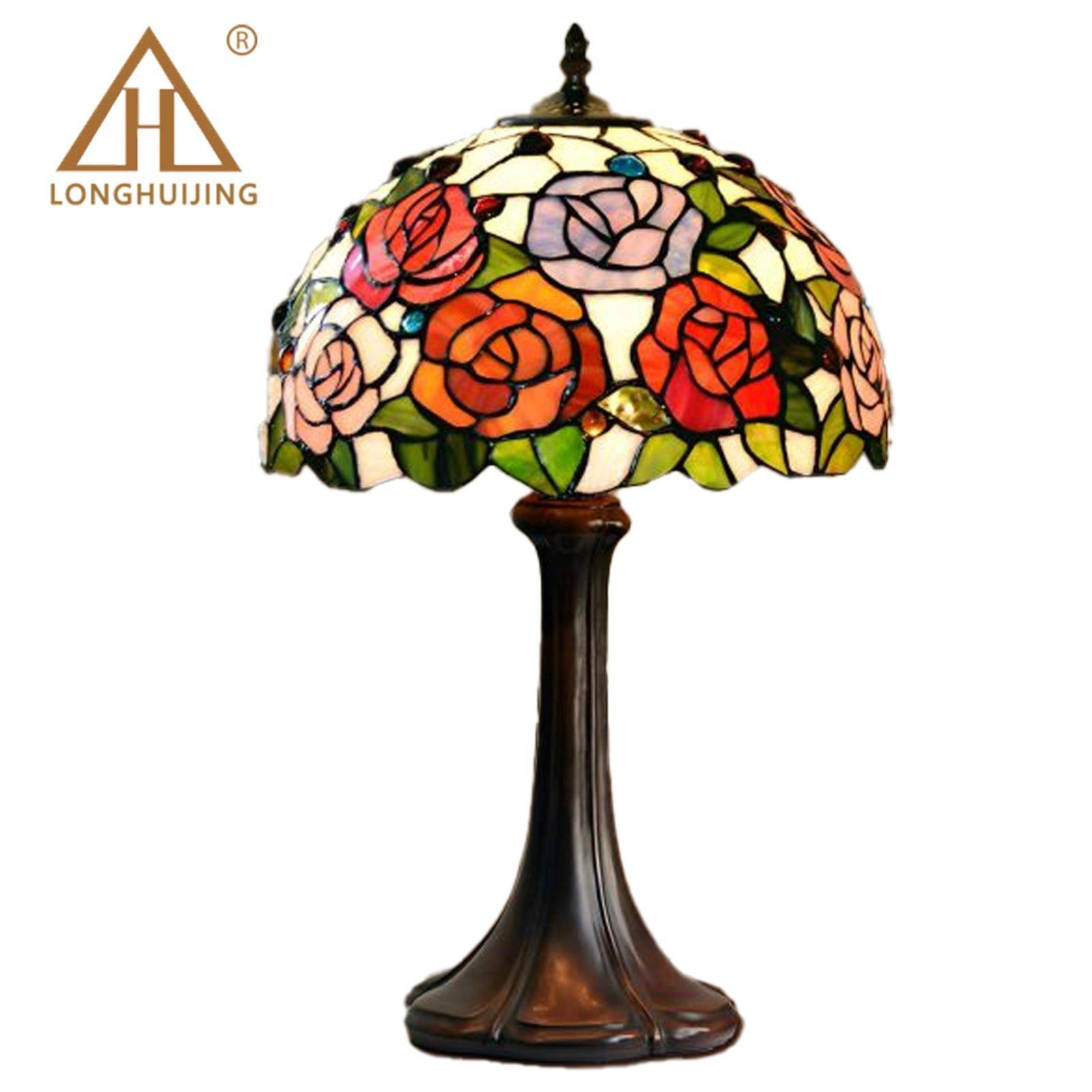 台灯汇LHJ-DD08璟田园复色古卧室书房典装台灯彩经饰玻璃12英寸灯