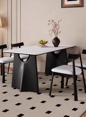 法式简约古岩板餐桌黑DIJ色哑光白色桌面白蜡方木长复形木飞鸦实