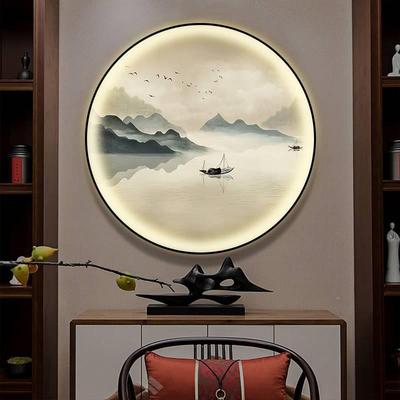 新中式圆装饰画入户玄关画画正对形门茶室GIX围led氛挂灯画山水壁