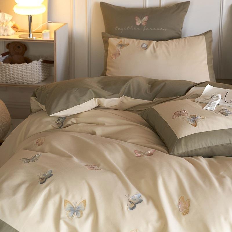 0SZQ0S全套棉磨毛四件绿色蝴蝶秋冬加厚纯1棉三套件保暖床单被套