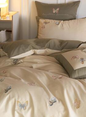 0SZQ0S全套棉磨毛四件绿色蝴蝶秋冬加厚纯1棉三套件保暖床单被套