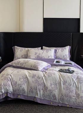 新款原四麻纽扣套件套加亚厚被OZC套床单宿舍双人床仿麻复古花卉