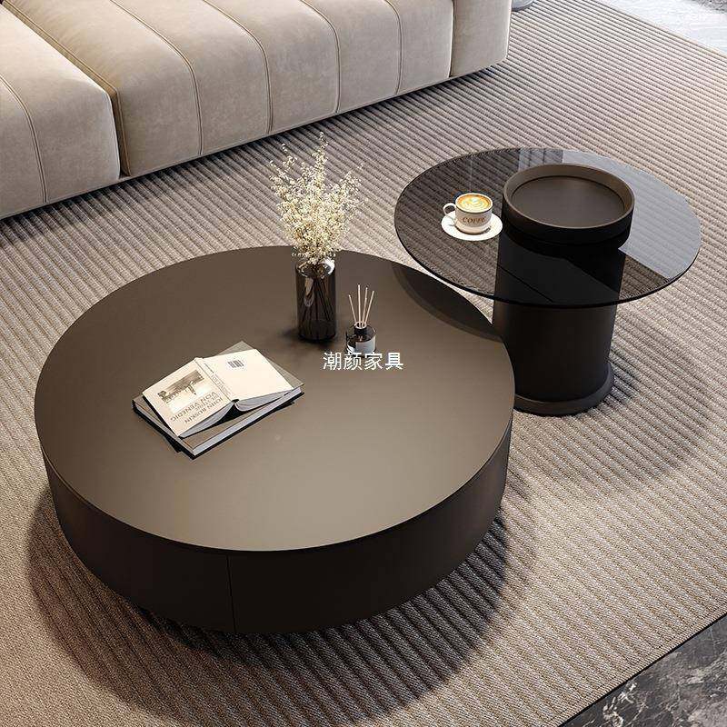 式极简厅轻奢圆形岩板几客家用茶小户型简约大UZU小轻奢风组意合