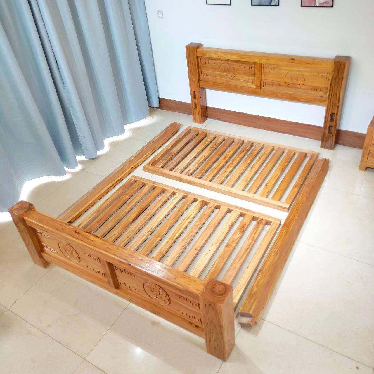 全实床无品牌/加厚大中料双人床北方老木式现代简约卧室雕花榆木