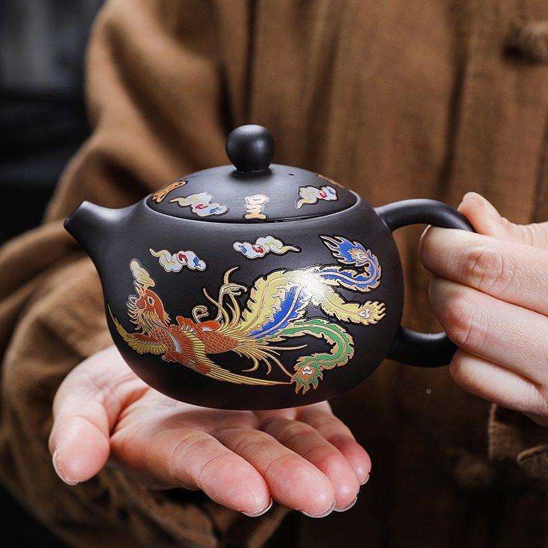 UYR遇热变龙凤呈西祥紫砂凤鸣壶纯半手泡工茶壶色出水鸟叫茶壶施