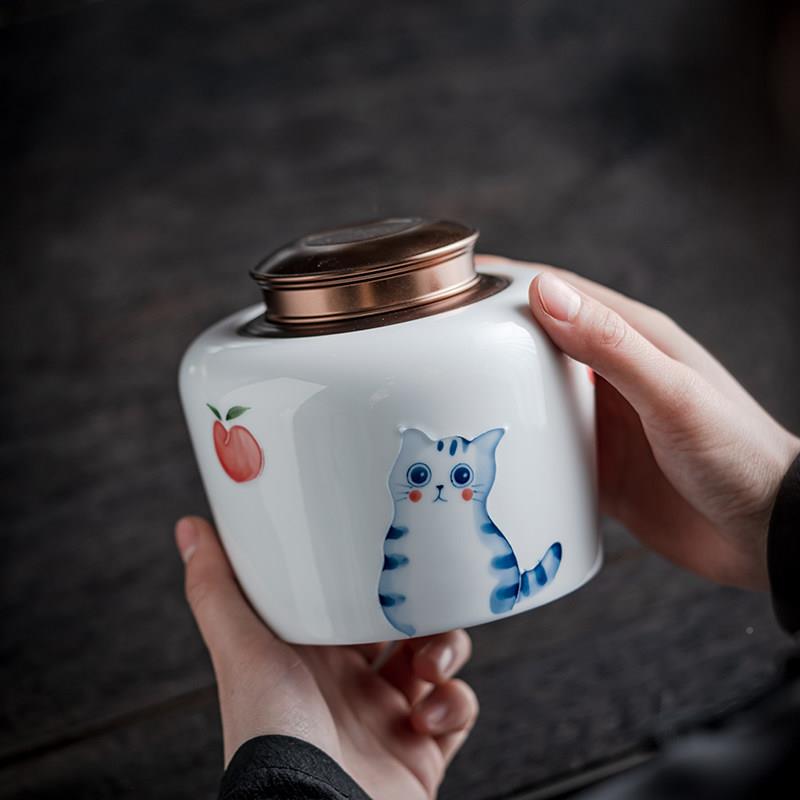 白瓷罐手绘猫大号HGJ茶叶普洱茶陶瓷罐密封罐储装用存罐家储茶罐