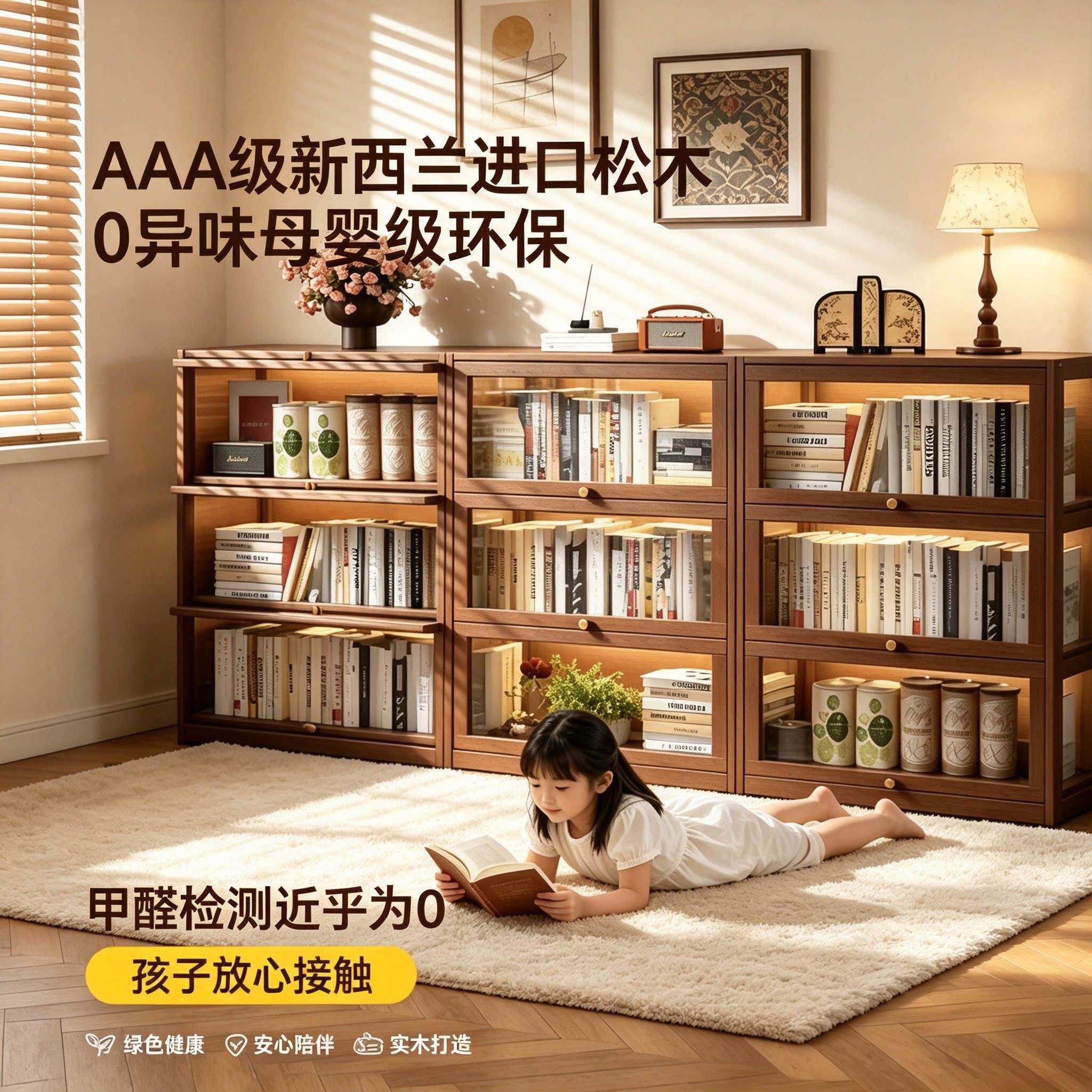 实木架落地置物架带门尘儿童柜储物柜书一体TIM720靠墙客书厅窄边