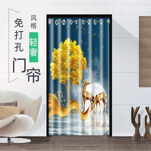 免打孔布艺门帘隔断帘家用挡风防冷气厨房卧室门帘伸缩杆 新中式