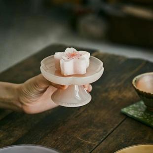 花边玻璃高脚点心盘中式 叶屿 粉色茶点盘首饰托盘碟子干泡壶承