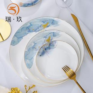 骨瓷平盘浅盘8英寸盘子菜盘家用轻奢金边西餐盘10英寸牛排餐盘