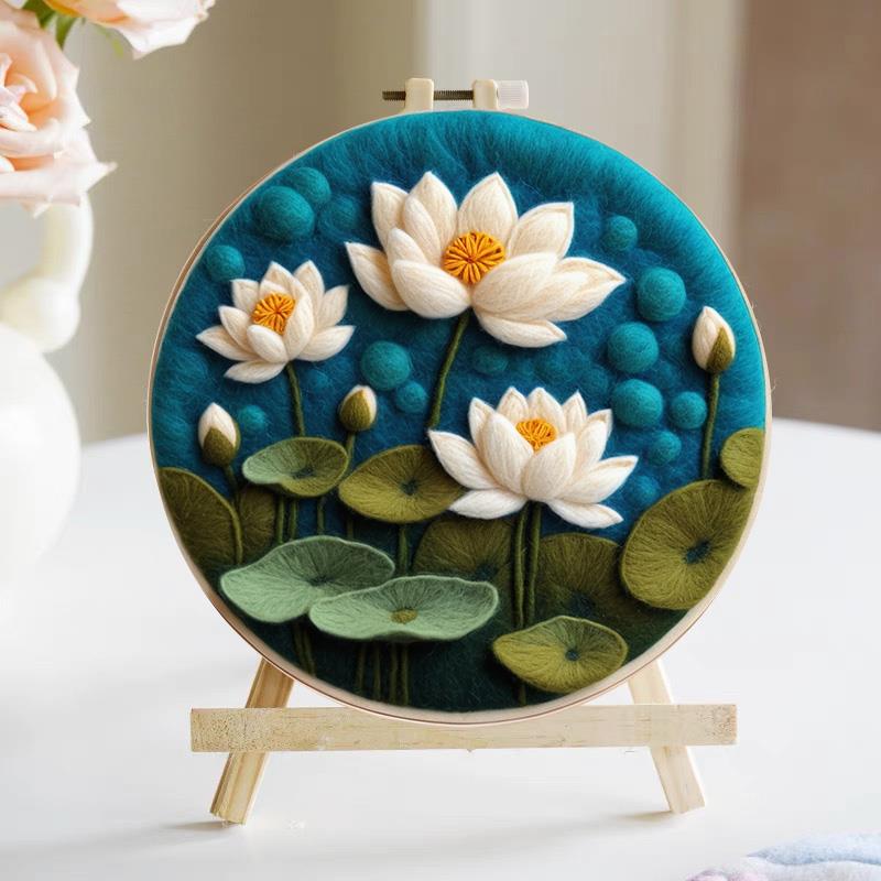 国风荷花羊毛毡羊毛毡手工diy材料包制作生日礼物摆件装饰画 画挂