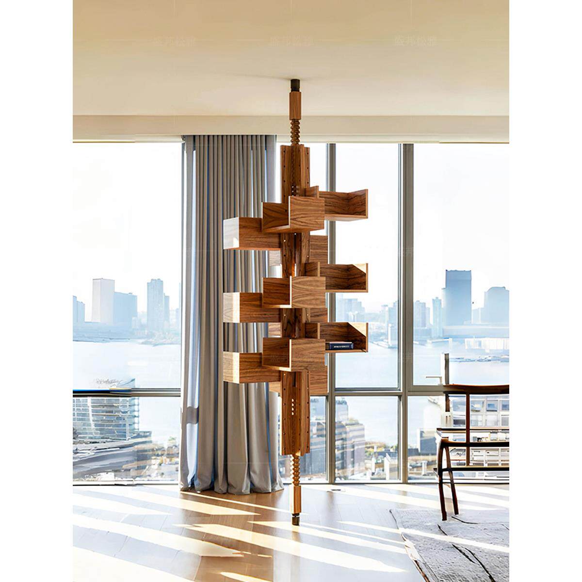 轻奢旋转书架落地书房别墅转角设计师现代高级感胡桃木多层置物架