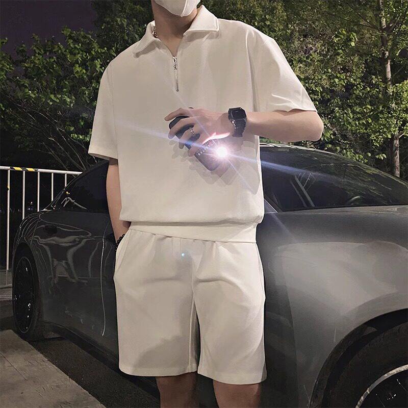韩国Uamtor男生夏季套装短袖半拉链polo衫酷帅时尚穿搭潮款两件套图片