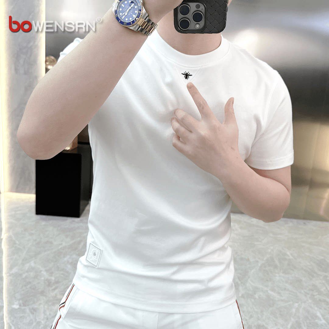 潮牌小蜜蜂刺绣短袖t恤男士2026新款夏季圆领半袖白色打底衫男款