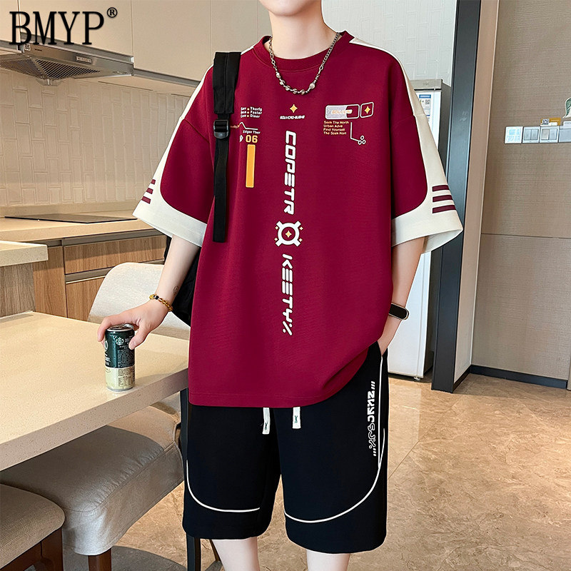 冰丝短裤短袖套装男生夏季帅气拼色酒红色青少年休闲运动一套搭配