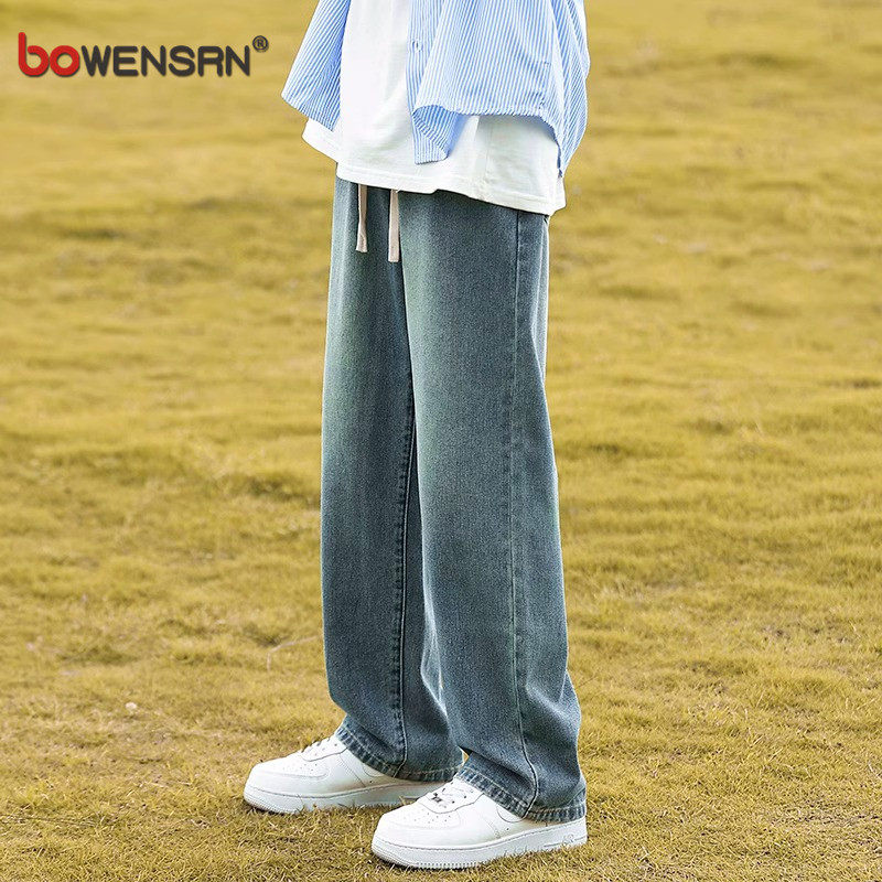 潮牌牛仔裤男士2026新款春装松紧腰男裤直筒阔腿裤子男款夏季薄款