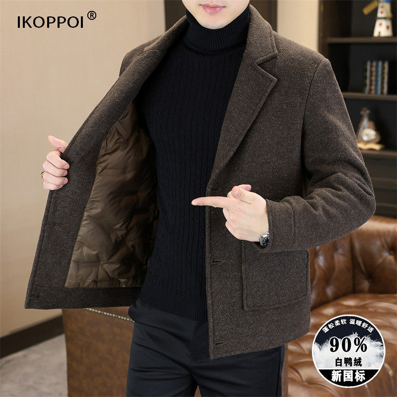高端男士国标保暖羽绒服2025冬季新款休闲西装领短款毛呢大衣外套