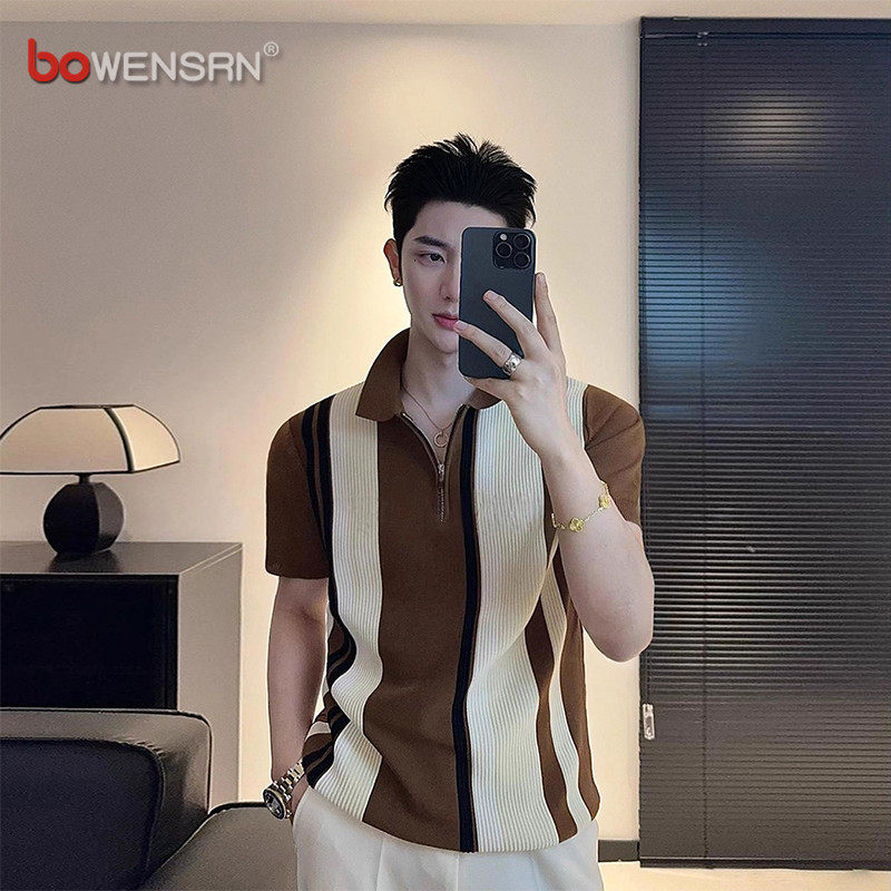 半拉链条纹撞色针织polo衫男士短袖t恤2026新款夏季痞帅上衣男款