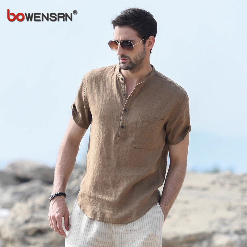 高端亚麻短袖T恤男士2026年夏季新款立领棉麻宽松痞帅气衬衫男款