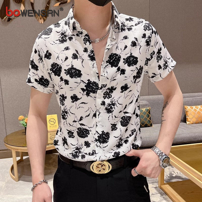 高端花衬衫短袖男士夏季薄款2026年新款痞帅高级感冰丝衬衣服男款