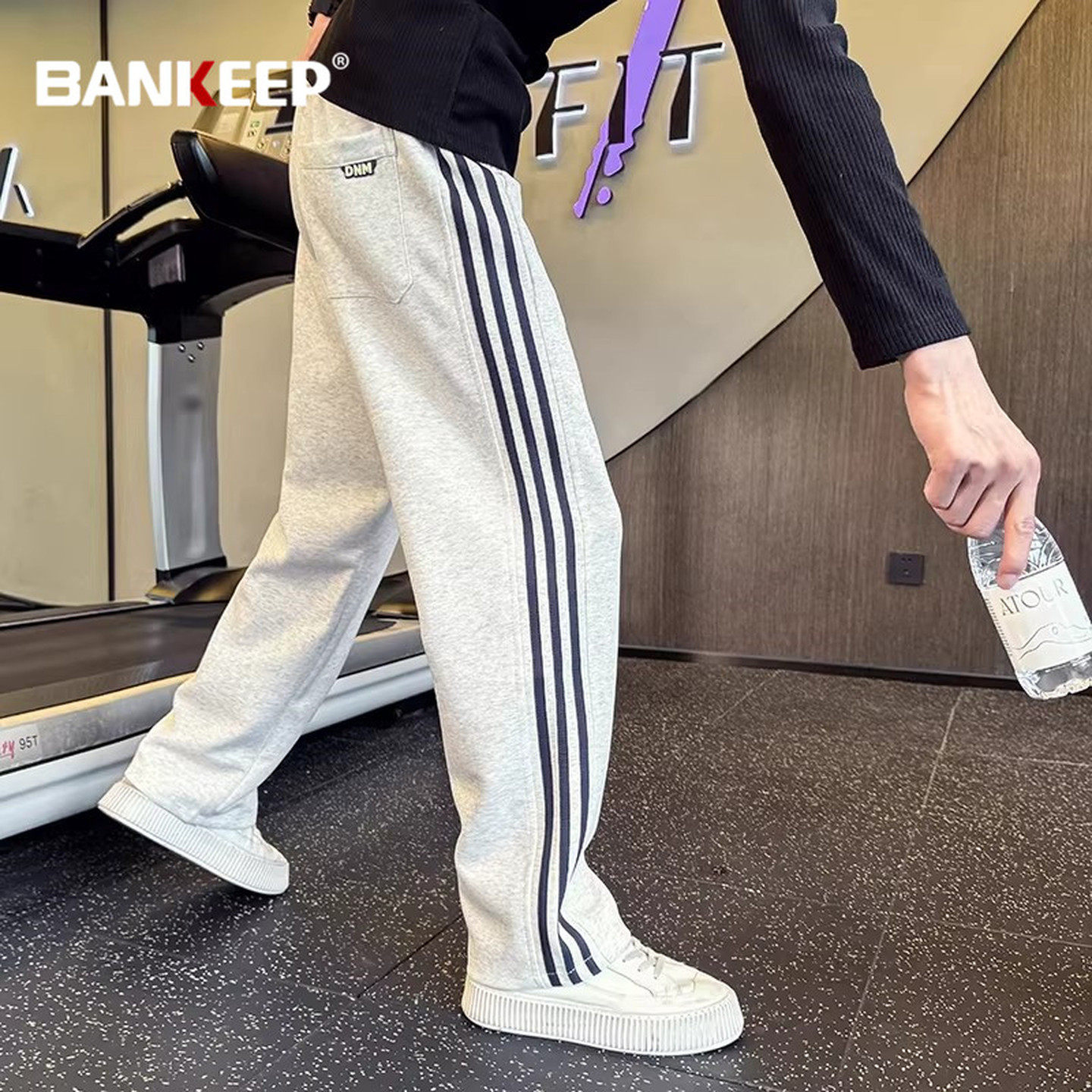 花灰色侧条纹卫裤男士2026新款冬装加绒加厚男裤直筒休闲裤子男款