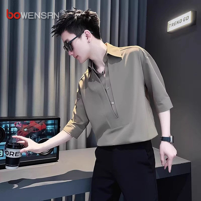 高端v领polo衫男士短袖t恤2026新款夏季设计感痞帅冰丝七分袖男款