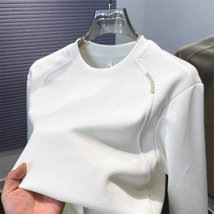 高端男士白色圆领休闲卫衣2025新款秋冬季纯棉长袖T恤打底衫男款