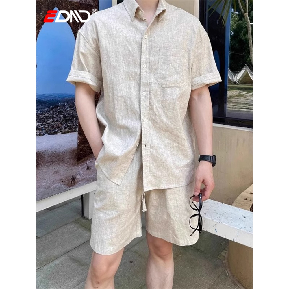 老钱风棉亚麻休闲套装男士睡衣夏季2025新款短袖衬衫搭配短裤一套