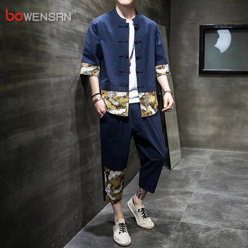 中国风亚麻套装男士2026新款夏季短袖衬衫棉麻唐装汉服两件套男款